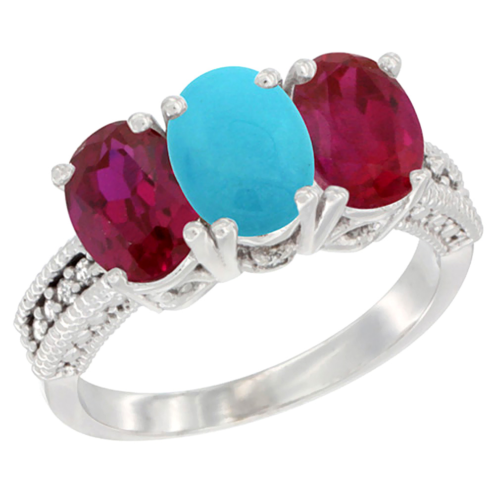 14K White Gold Natural Turquoise &amp; Enhanced Ruby Sides Ring 3-Stone Oval 7x5 mm Diamond Accent, sizes 5 - 10