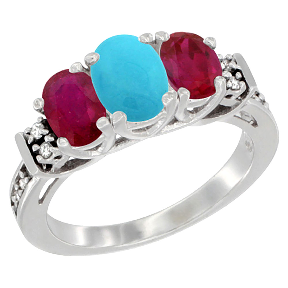 14K White Gold Natural Turquoise & Enhanced Ruby Ring 3-Stone Oval Diamond Accent, sizes 5-10
