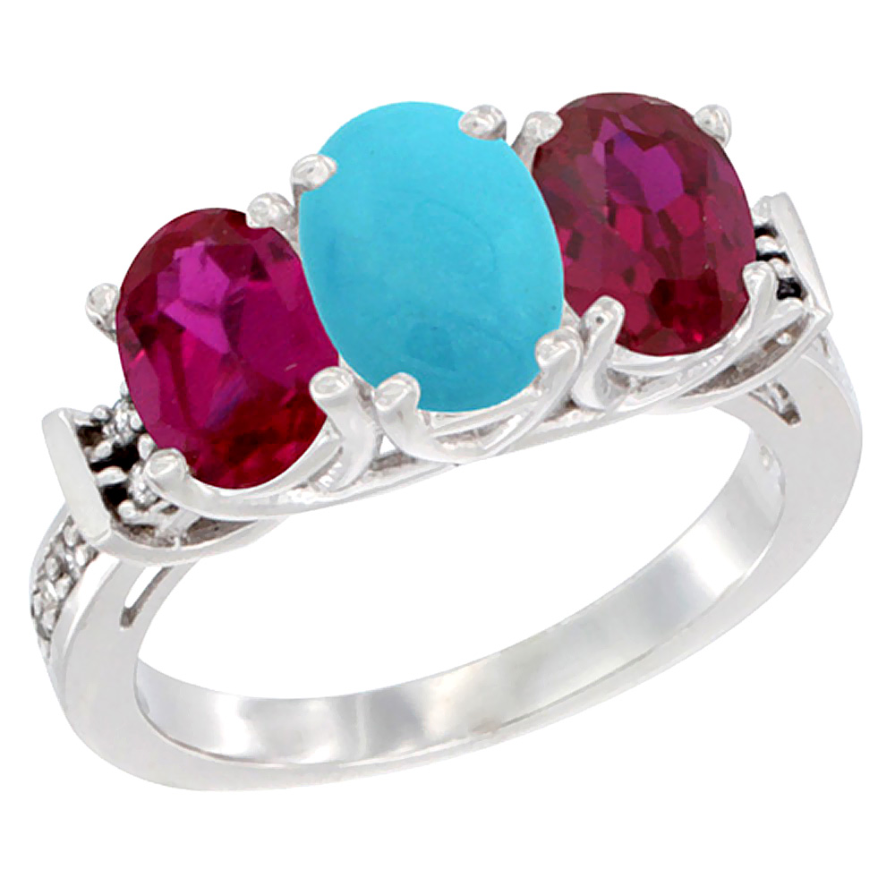 10K White Gold Natural Turquoise & Enhanced Ruby Sides Ring 3-Stone Oval Diamond Accent, sizes 5 - 10