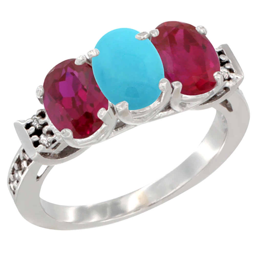 10K White Gold Natural Turquoise & Enhanced Ruby Sides Ring 3-Stone Oval 7x5 mm Diamond Accent, sizes 5 - 10