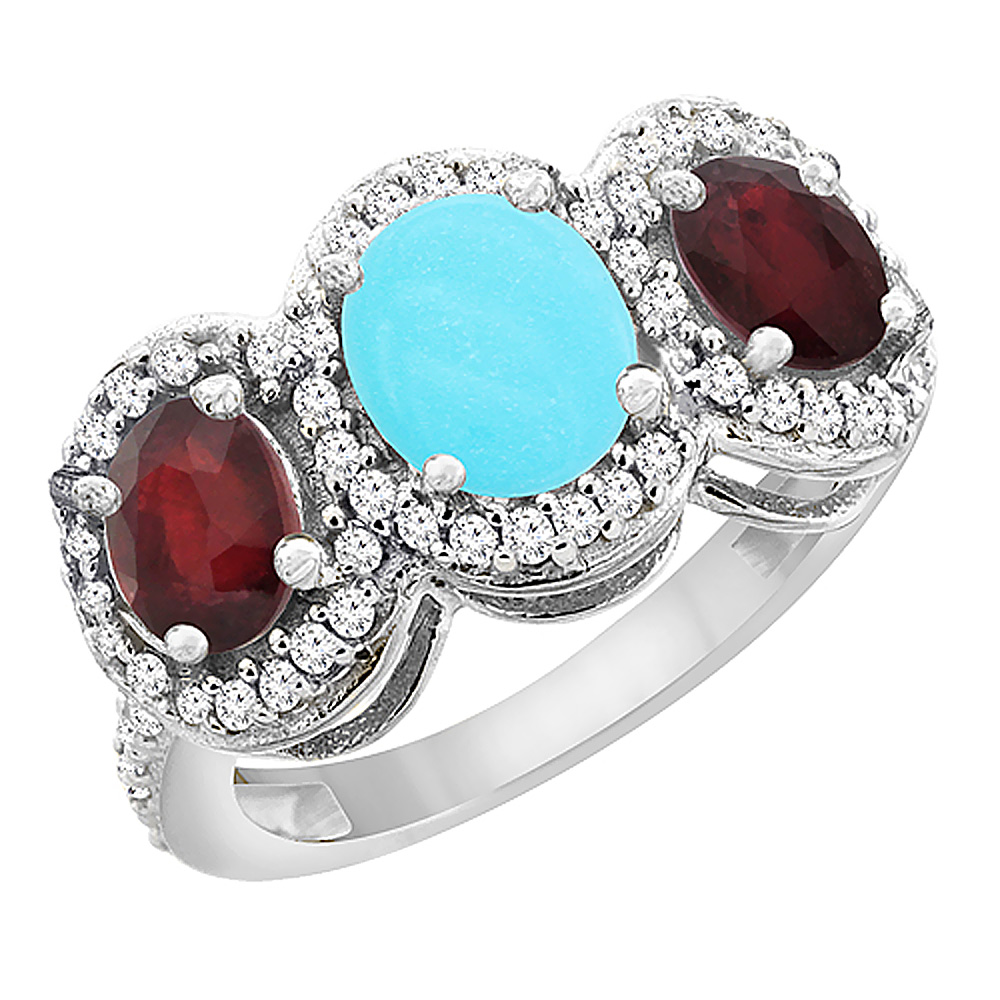 14K White Gold Natural Turquoise & Enhanced Ruby Sides 3-Stone Ring Oval Diamond Accent, sizes 5 - 10