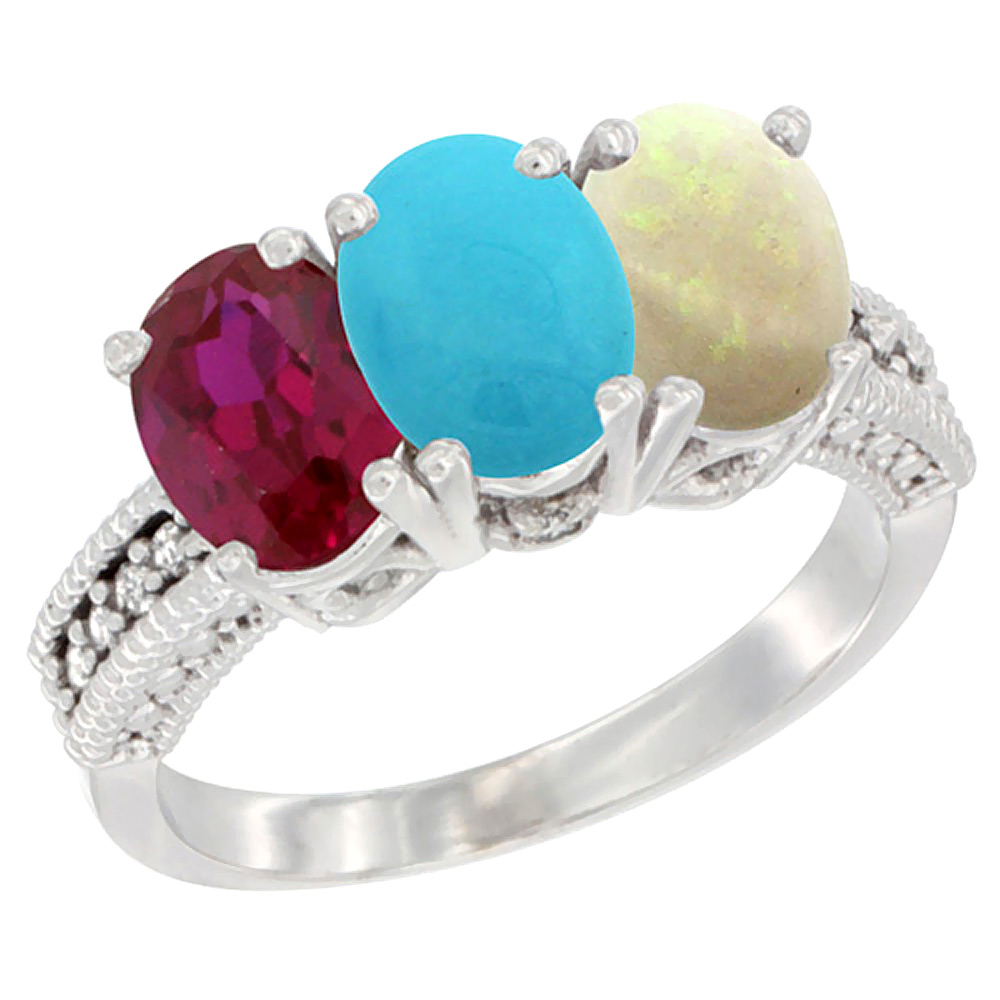 14K White Gold Enhanced Enhanced Ruby, Natural Turquoise & Opal Ring 3-Stone Oval 7x5 mm Diamond Accent, sizes 5 - 10