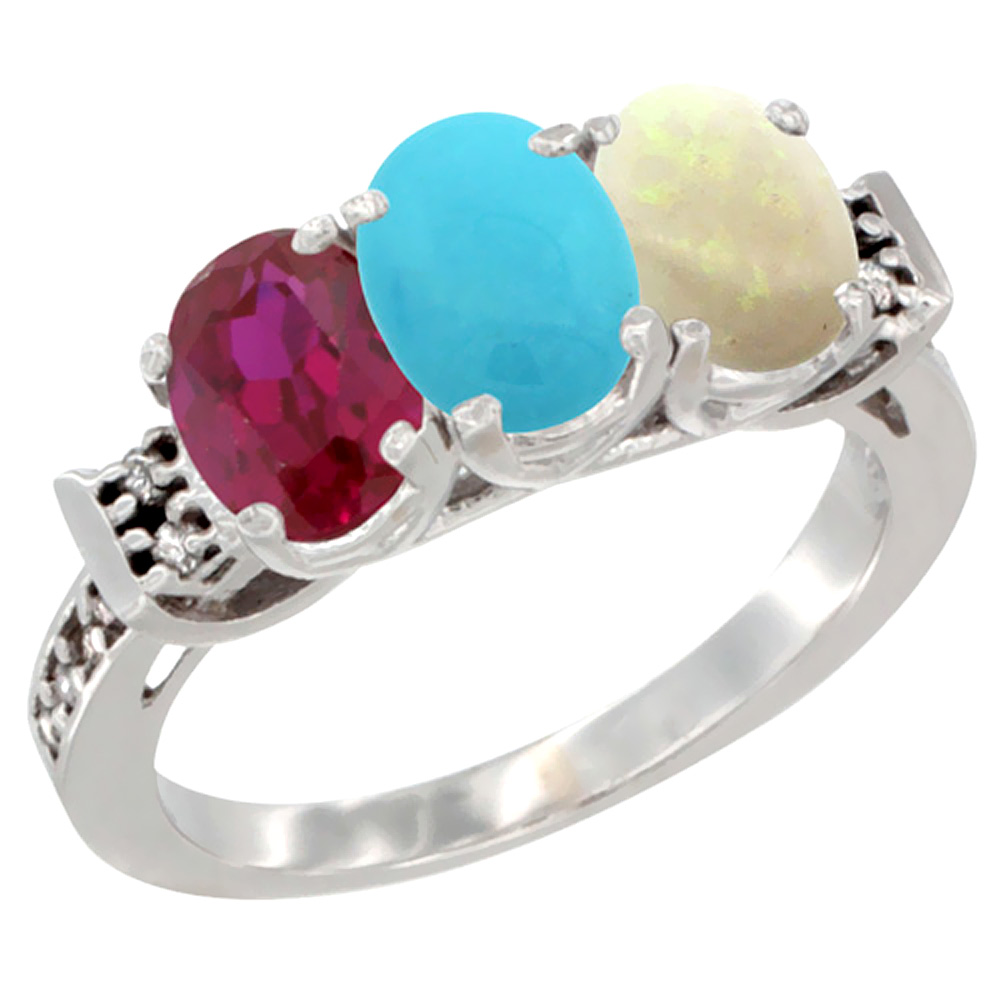 14K White Gold Enhanced Ruby, Natural Turquoise & Opal Ring 3-Stone Oval 7x5 mm Diamond Accent, sizes 5 - 10