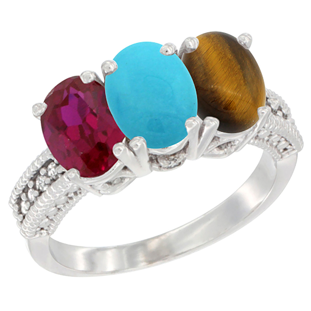 10K White Gold Enhanced Ruby, Natural Turquoise & Tiger Eye Ring 3-Stone Oval 7x5 mm Diamond Accent, sizes 5 - 10