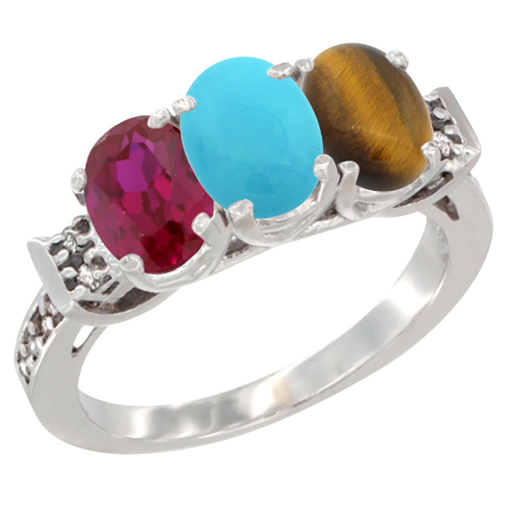 14K White Gold Enhanced Ruby, Natural Turquoise & Tiger Eye Ring 3-Stone Oval 7x5 mm Diamond Accent, sizes 5 - 10