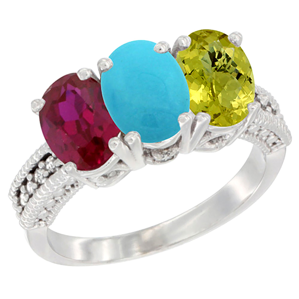 14K White Gold Enhanced Enhanced Ruby, Natural Turquoise & Lemon Quartz Ring 3-Stone Oval 7x5 mm Diamond Accent, sizes 5 - 10
