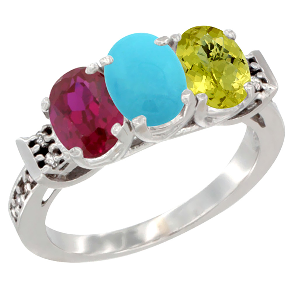 14K White Gold Enhanced Ruby, Natural Turquoise &amp; Lemon Quartz Ring 3-Stone Oval 7x5 mm Diamond Accent, sizes 5 - 10