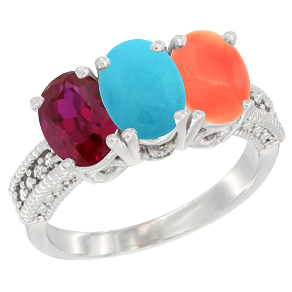 14K White Gold Enhanced Enhanced Ruby, Natural Turquoise & Coral Ring 3-Stone Oval 7x5 mm Diamond Accent, sizes 5 - 10
