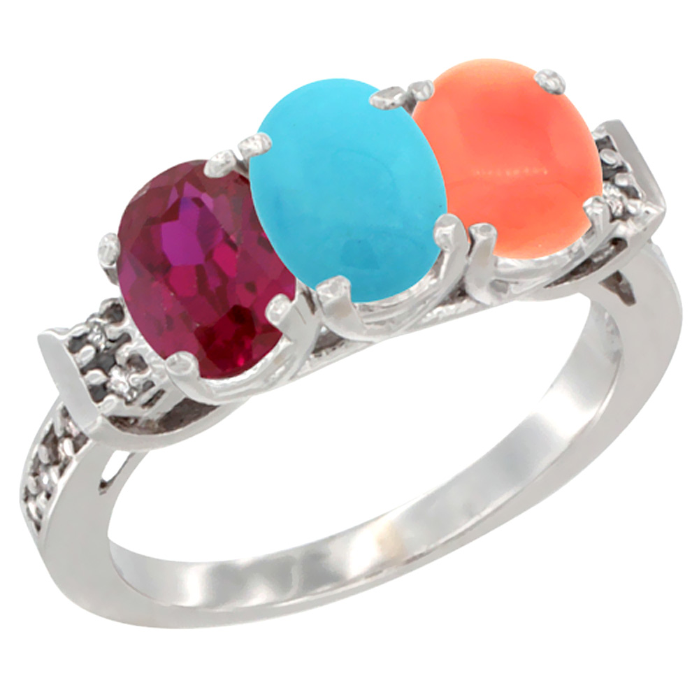 14K White Gold Enhanced Ruby, Natural Turquoise & Coral Ring 3-Stone Oval 7x5 mm Diamond Accent, sizes 5 - 10