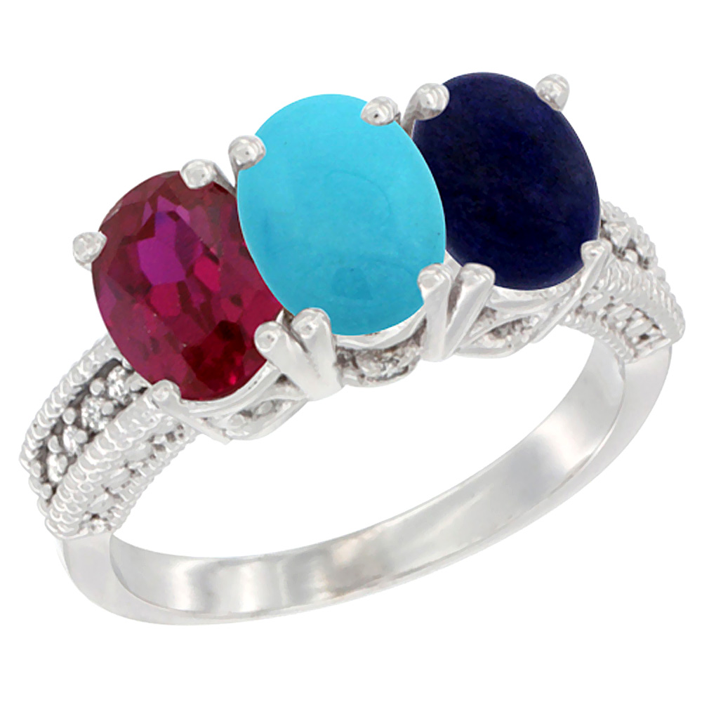 10K White Gold Enhanced Ruby, Natural Turquoise &amp; Lapis Ring 3-Stone Oval 7x5 mm Diamond Accent, sizes 5 - 10