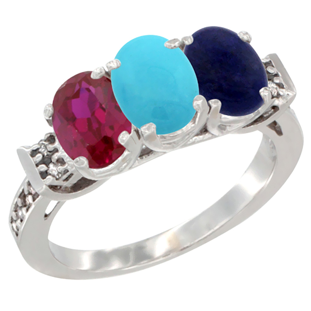 14K White Gold Enhanced Ruby, Natural Turquoise &amp; Lapis Ring 3-Stone Oval 7x5 mm Diamond Accent, sizes 5 - 10