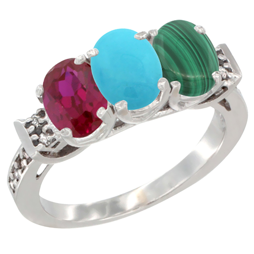 10K White Gold Enhanced Ruby, Natural Turquoise & Malachite Ring 3-Stone Oval 7x5 mm Diamond Accent, sizes 5 - 10