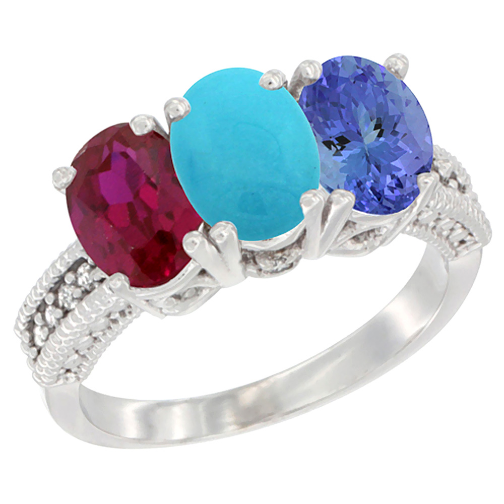14K White Gold Enhanced Enhanced Ruby, Natural Turquoise &amp; Tanzanite Ring 3-Stone Oval 7x5 mm Diamond Accent, sizes 5 - 10