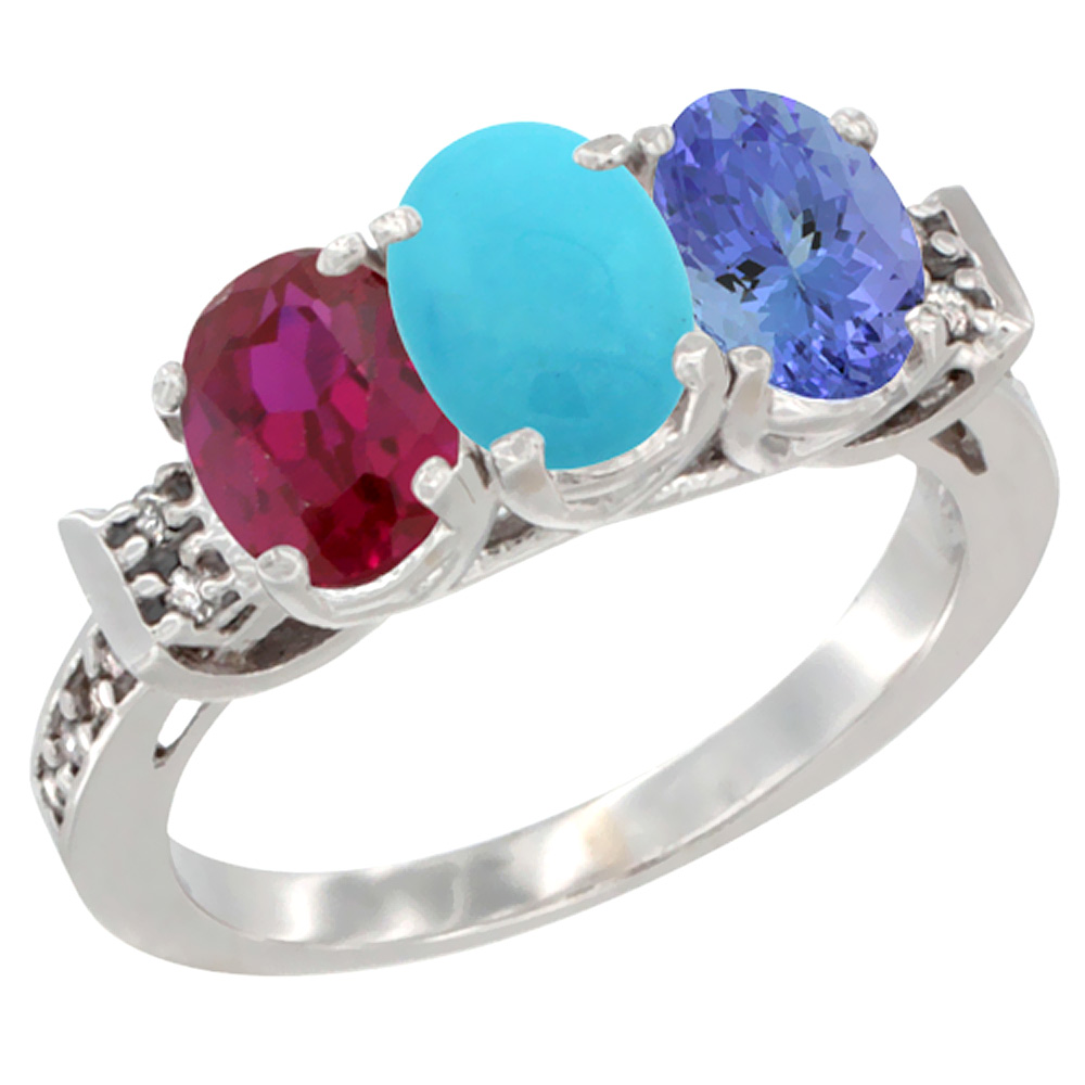14K White Gold Enhanced Ruby, Natural Turquoise &amp; Tanzanite Ring 3-Stone Oval 7x5 mm Diamond Accent, sizes 5 - 10