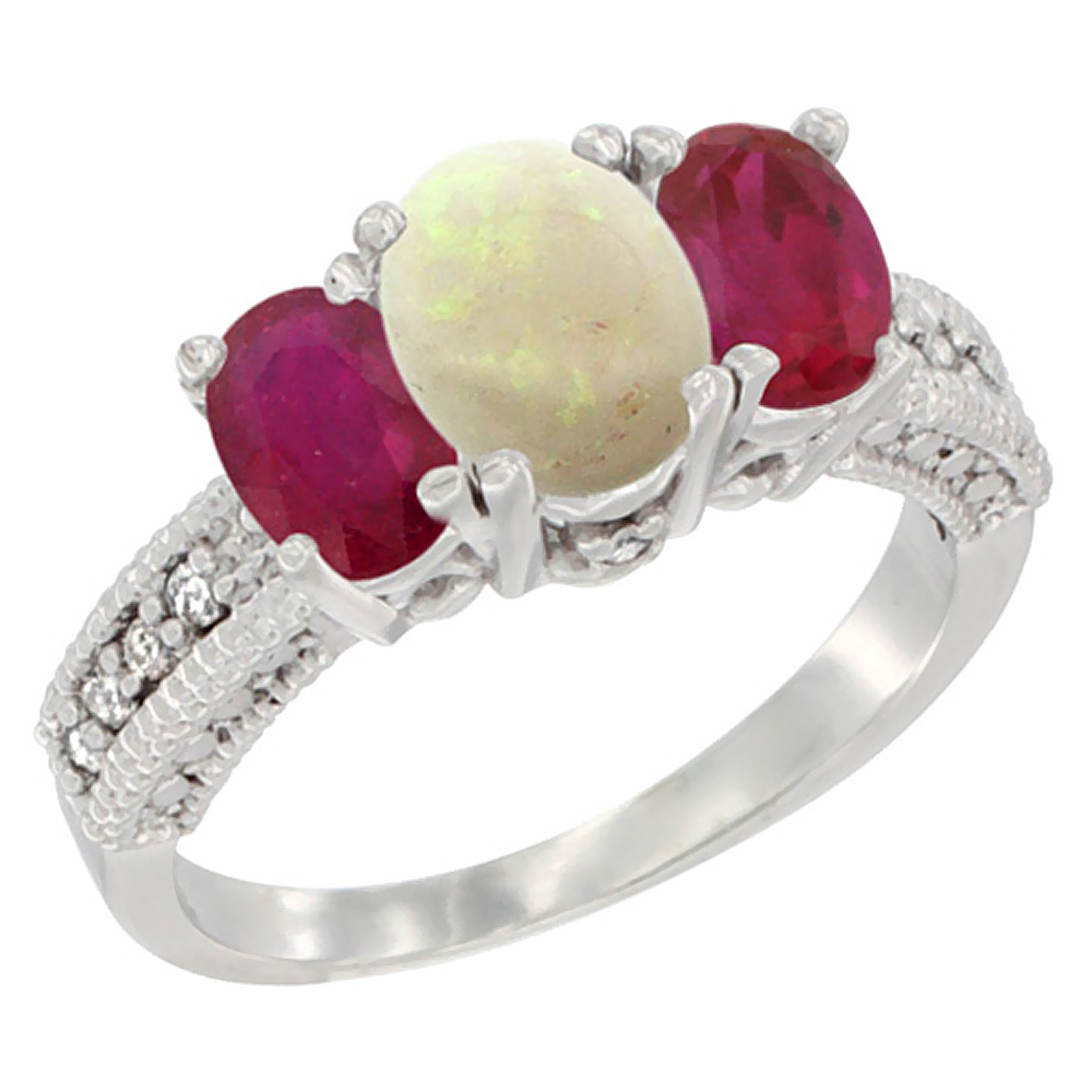 10K White Gold Diamond Natural Opal Ring Oval 3-stone with Enhanced Ruby, sizes 5 - 10