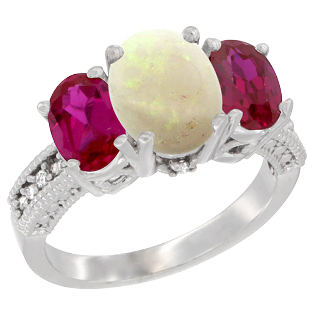 10K White Gold Diamond Natural Opal Ring 3-Stone Oval 8x6mm with Ruby, sizes5-10