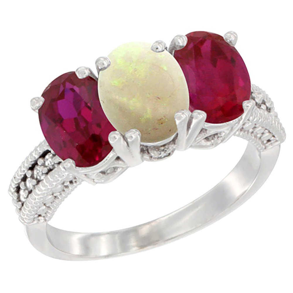14K White Gold Natural Opal &amp; Enhanced Ruby Sides Ring 3-Stone 7x5 mm Oval Diamond Accent, sizes 5 - 10