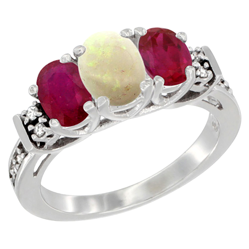 10K White Gold Natural Opal &amp; Enhanced Ruby Ring 3-Stone Oval Diamond Accent, sizes 5-10
