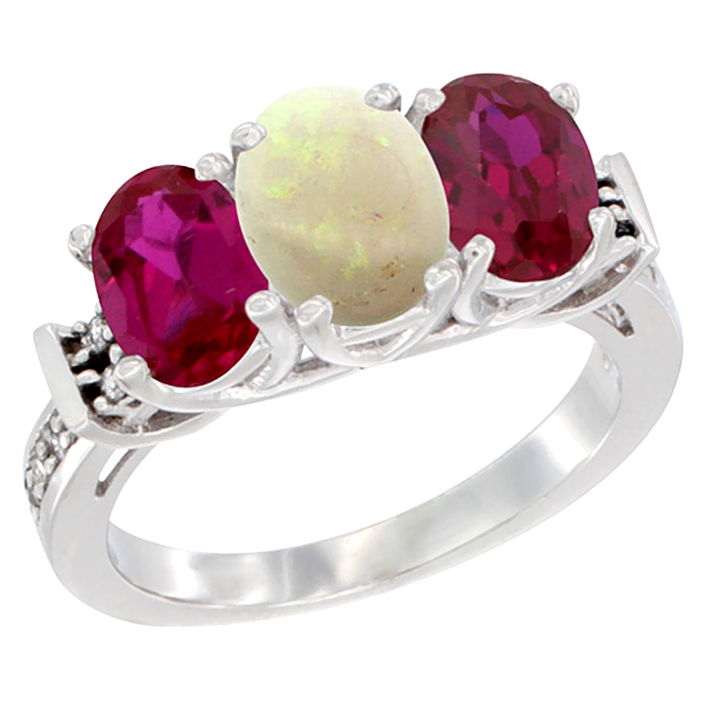14K White Gold Natural Opal &amp; Enhanced Ruby Sides Ring 3-Stone Oval Diamond Accent, sizes 5 - 10