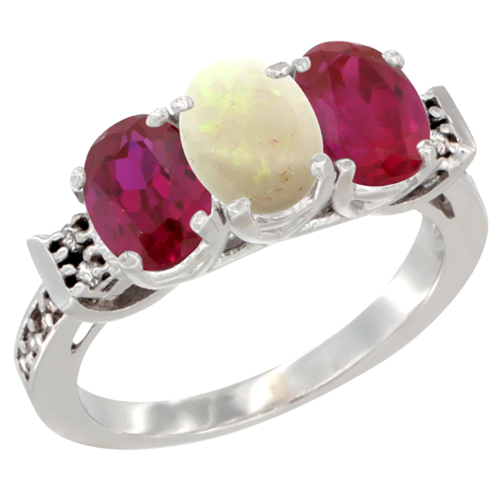 14K White Gold Natural Opal &amp; Enhanced Ruby Sides Ring 3-Stone Oval 7x5 mm Diamond Accent, sizes 5 - 10