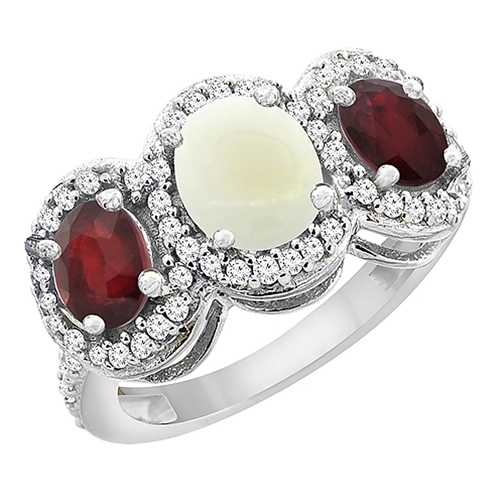10K White Gold Natural Opal &amp; Enhanced Ruby 3-Stone Ring Oval Diamond Accent, sizes 5 - 10