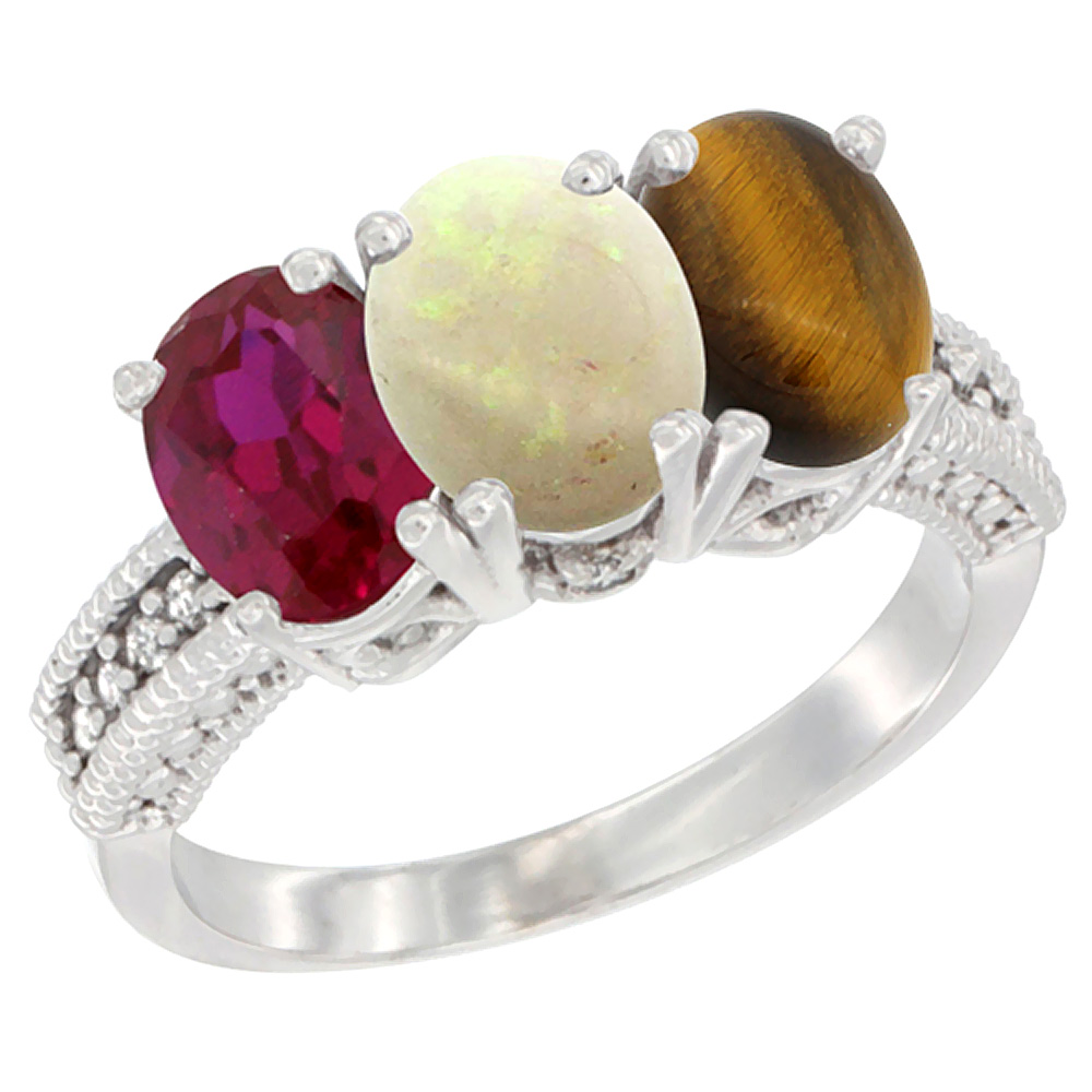 14K White Gold Enhanced Ruby, Natural Opal &amp; Tiger Eye Ring 3-Stone 7x5 mm Oval Diamond Accent, sizes 5 - 10