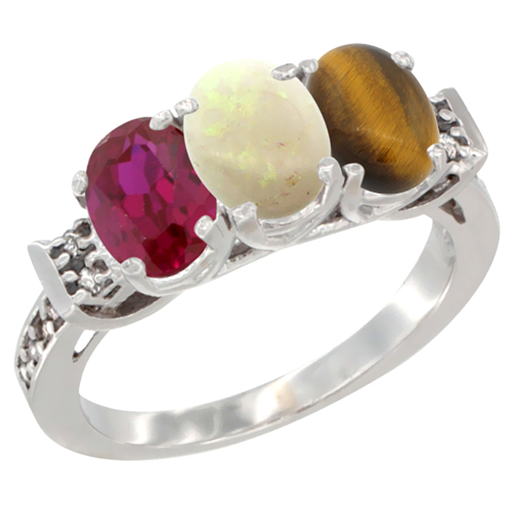 10K White Gold Enhanced Ruby, Natural Opal & Tiger Eye Ring 3-Stone Oval 7x5 mm Diamond Accent, sizes 5 - 10