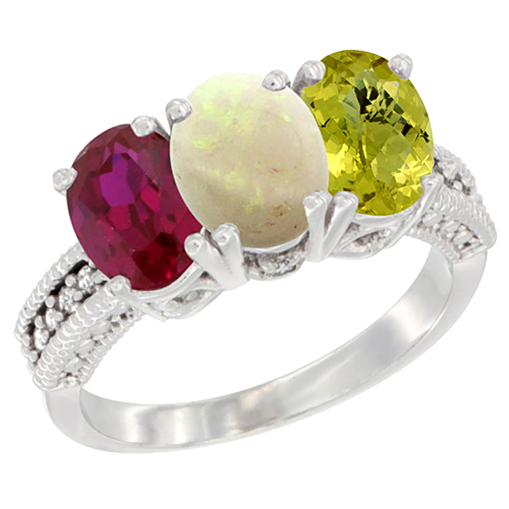 14K White Gold Enhanced Ruby, Natural Opal & Lemon Quartz Ring 3-Stone 7x5 mm Oval Diamond Accent, sizes 5 - 10