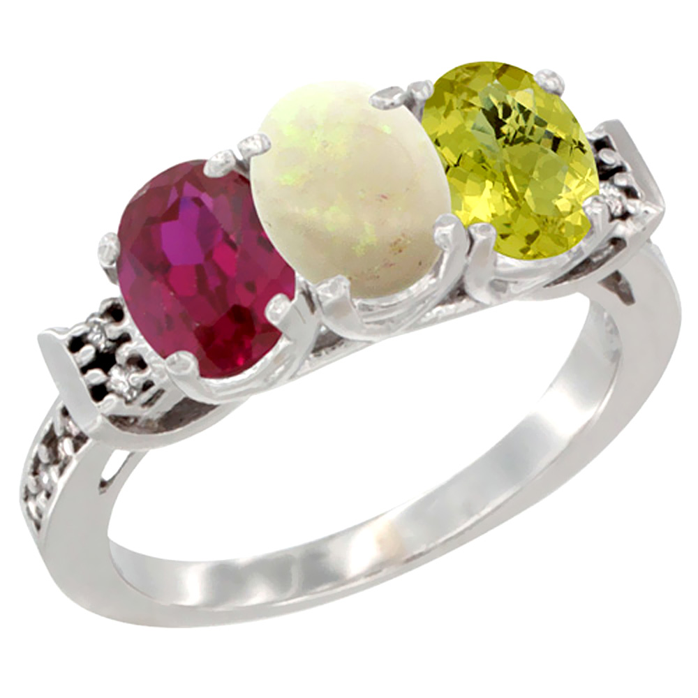 14K White Gold Enhanced Ruby, Natural Opal & Lemon Quartz Ring 3-Stone Oval 7x5 mm Diamond Accent, sizes 5 - 10