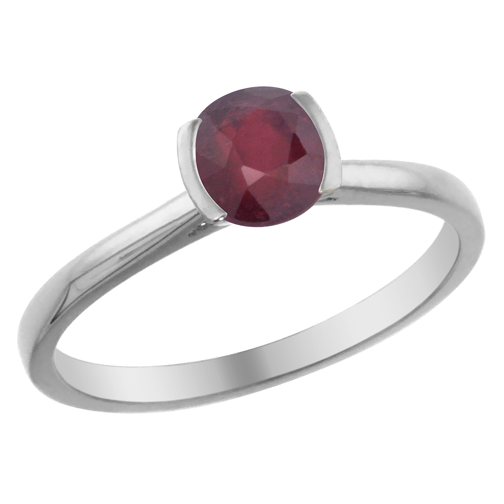 14K White Gold Natural Enhanced Genuine Ruby Solitaire Ring Round 5mm, sizes 5 - 10