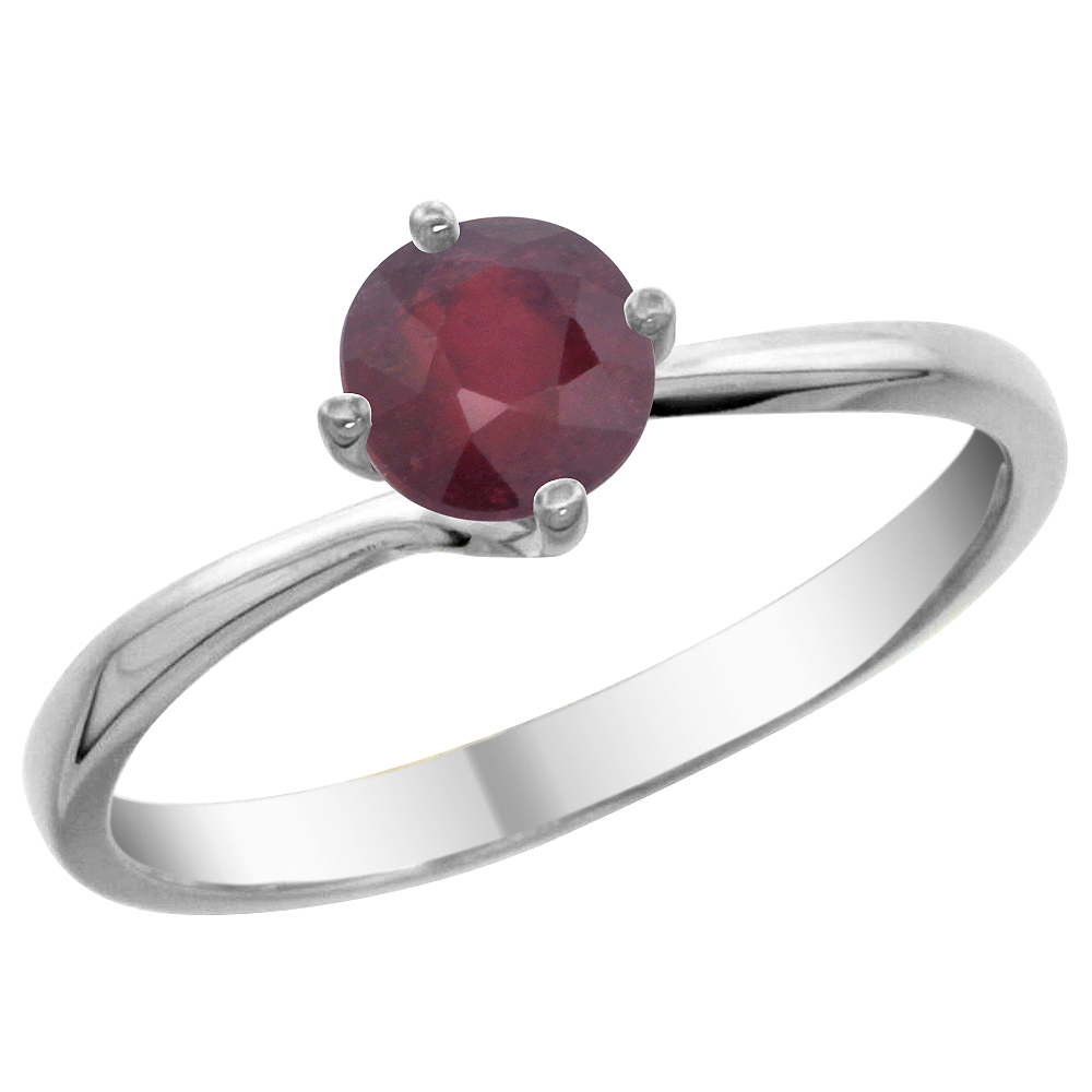 14K White Gold Natural Enhanced Ruby Solitaire Ring Round 6mm, sizes 5 - 10