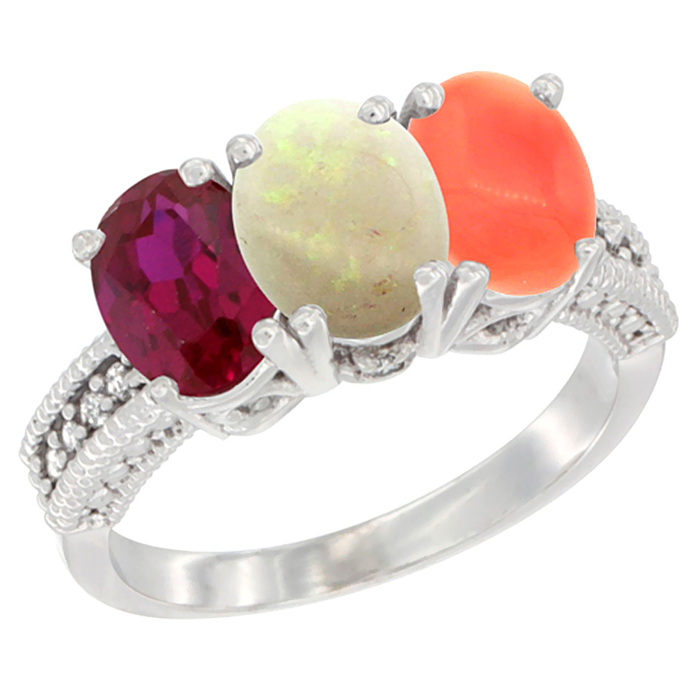 14K White Gold Enhanced Ruby, Natural Opal &amp; Coral Ring 3-Stone 7x5 mm Oval Diamond Accent, sizes 5 - 10