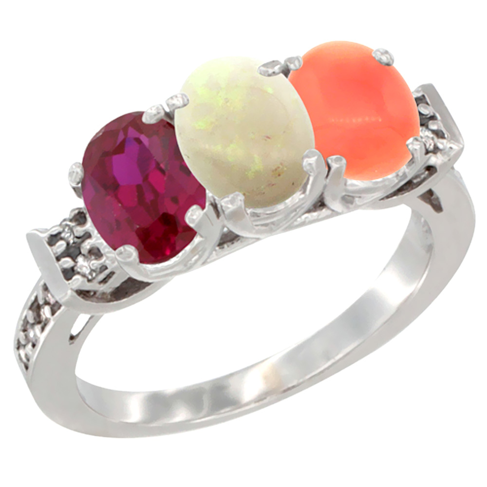 10K White Gold Enhanced Ruby, Natural Opal & Coral Ring 3-Stone Oval 7x5 mm Diamond Accent, sizes 5 - 10