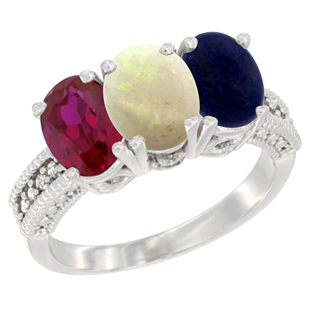 14K White Gold Enhanced Ruby, Natural Opal & Lapis Ring 3-Stone 7x5 mm Oval Diamond Accent, sizes 5 - 10