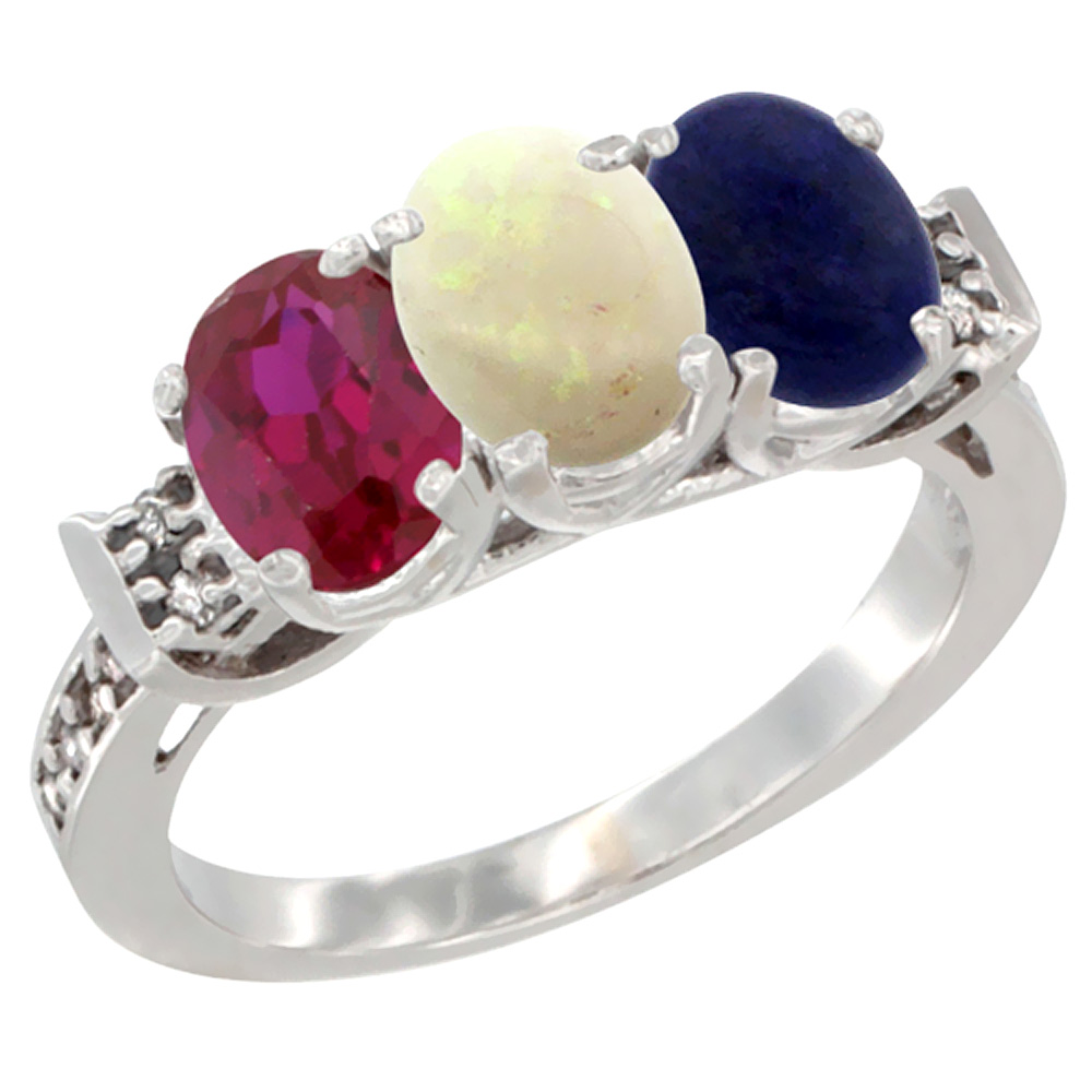 14K White Gold Enhanced Ruby, Natural Opal & Lapis Ring 3-Stone Oval 7x5 mm Diamond Accent, sizes 5 - 10