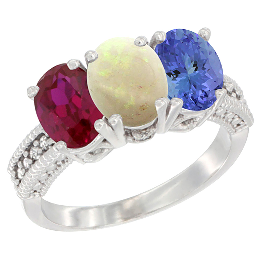 14K White Gold Enhanced Ruby, Natural Opal &amp; Tanzanite Ring 3-Stone 7x5 mm Oval Diamond Accent, sizes 5 - 10