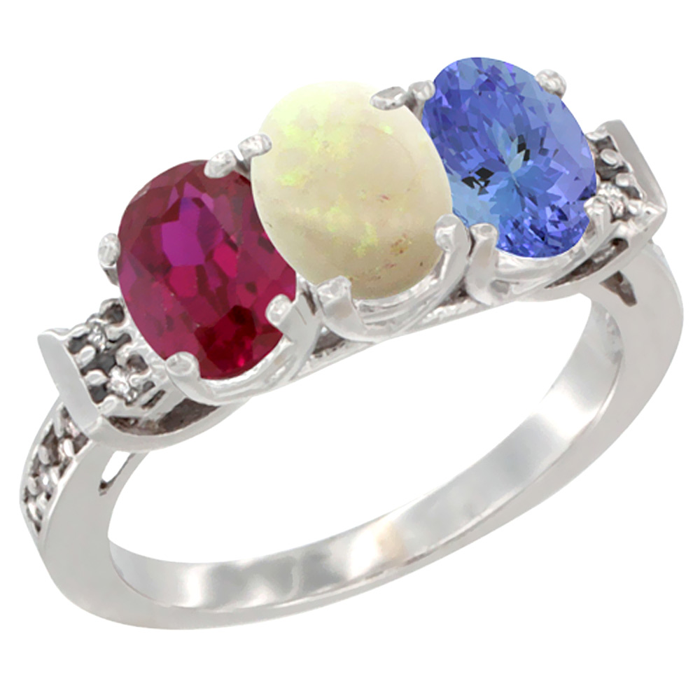 10K White Gold Enhanced Ruby, Natural Opal &amp; Tanzanite Ring 3-Stone Oval 7x5 mm Diamond Accent, sizes 5 - 10