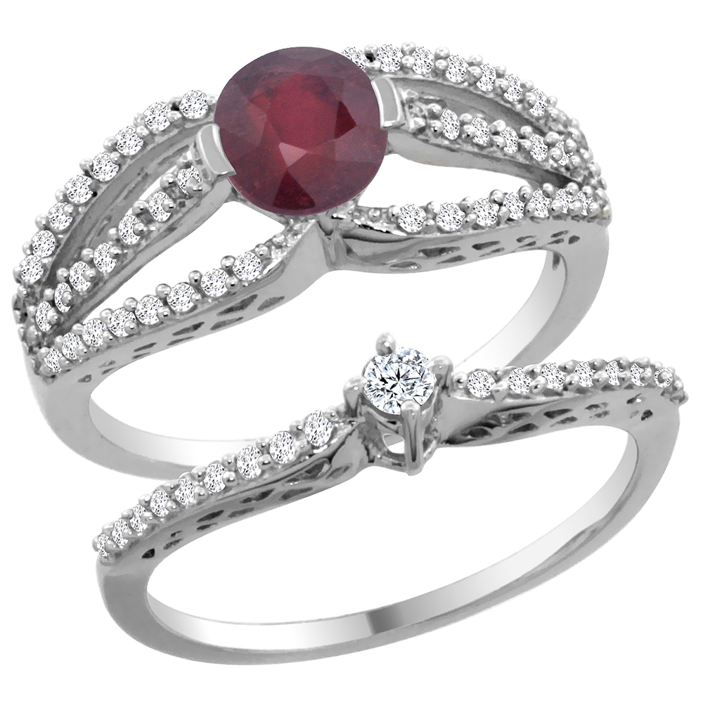 14K White Gold Enhanced Ruby 2-piece Engagement Ring Set Round 5mm, sizes 5 - 10