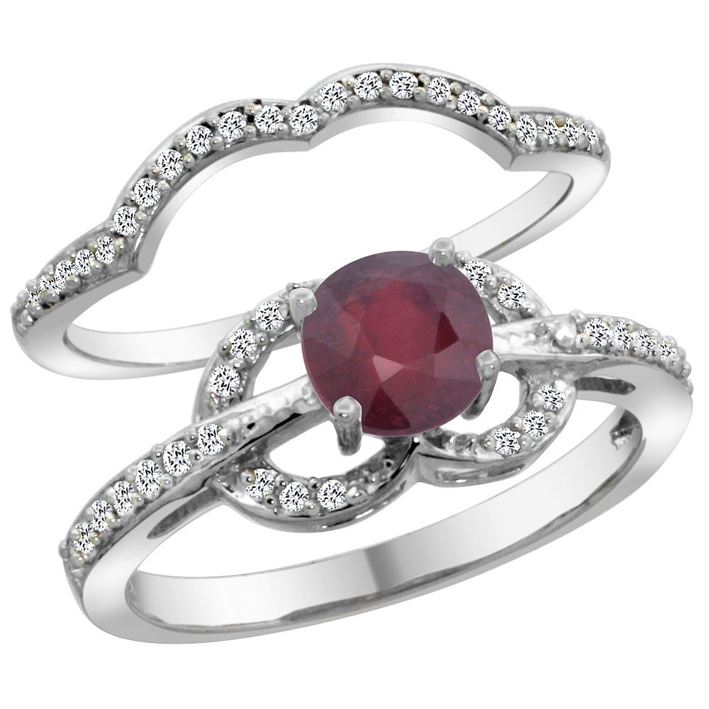 14K White Gold Natural Enhanced Ruby 2-piece Engagement Ring Set Round 6mm, sizes 5 - 10