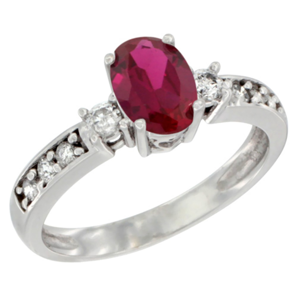 10k White Gold Enhanced Genuine Ruby Ring Oval 7x5 mm Diamond Accent, sizes 5 - 10