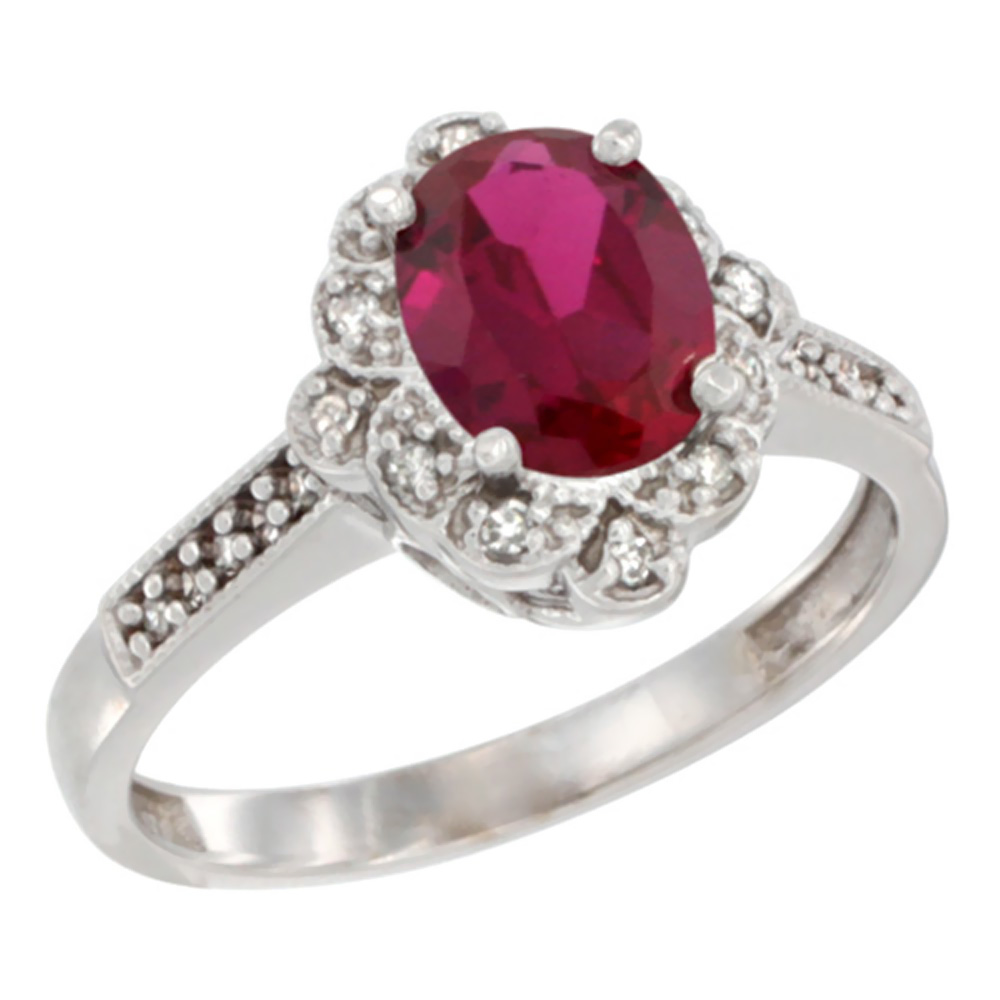 10K White Gold Natural High Quality Ruby Ring Oval 8x6 mm Floral Diamond Halo, sizes 5 - 10