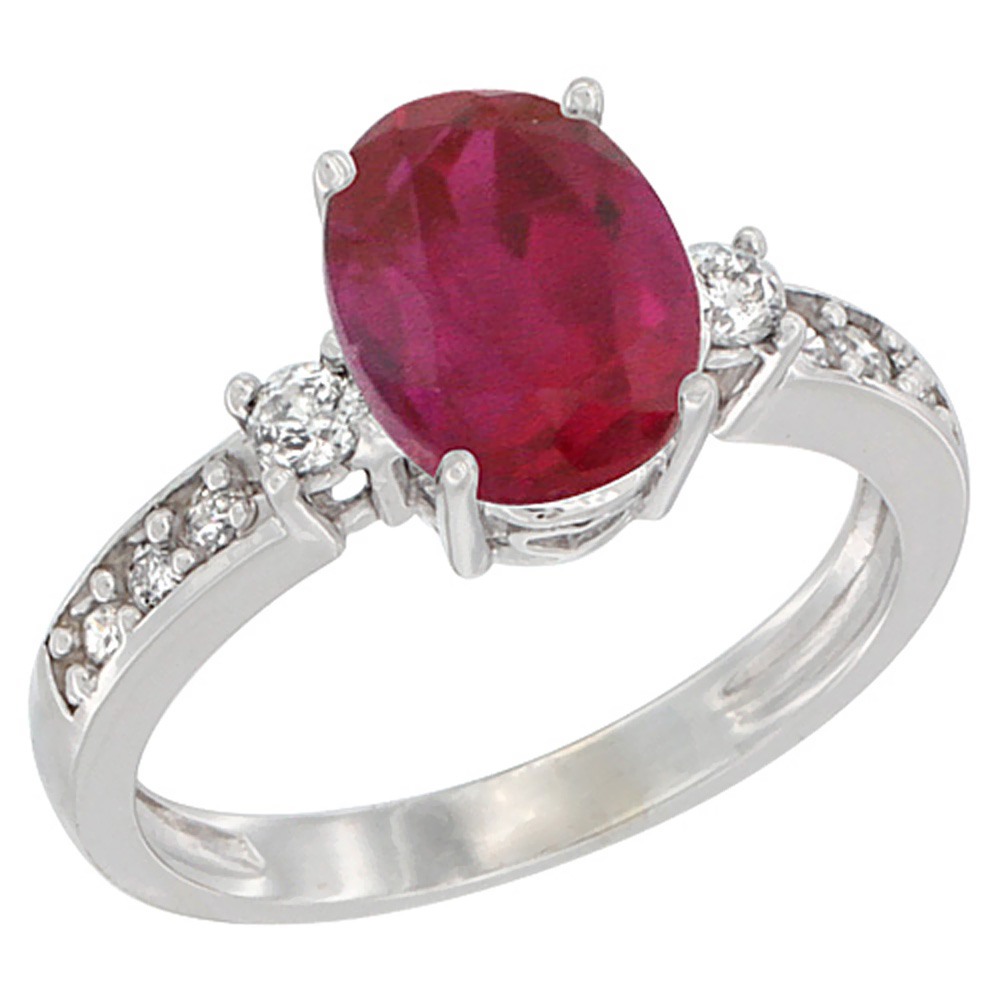 14K White Gold Natural Enhanced Ruby Ring Oval 9x7 mm Diamond Accent, sizes 5 - 10