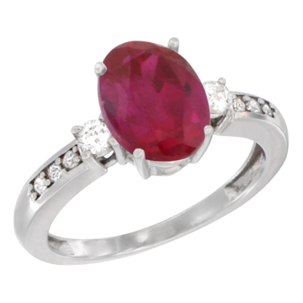 10k White Gold Natural Enhanced Ruby Ring Oval 9x7 mm Diamond Accent, sizes 5 - 10