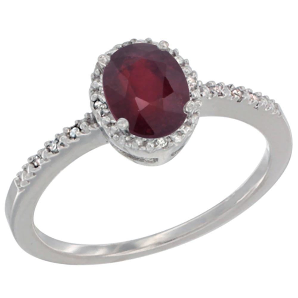 10K White Gold Diamond Natural Quality Ruby Engagement Ring Oval 7x5 mm, size 5 - 10