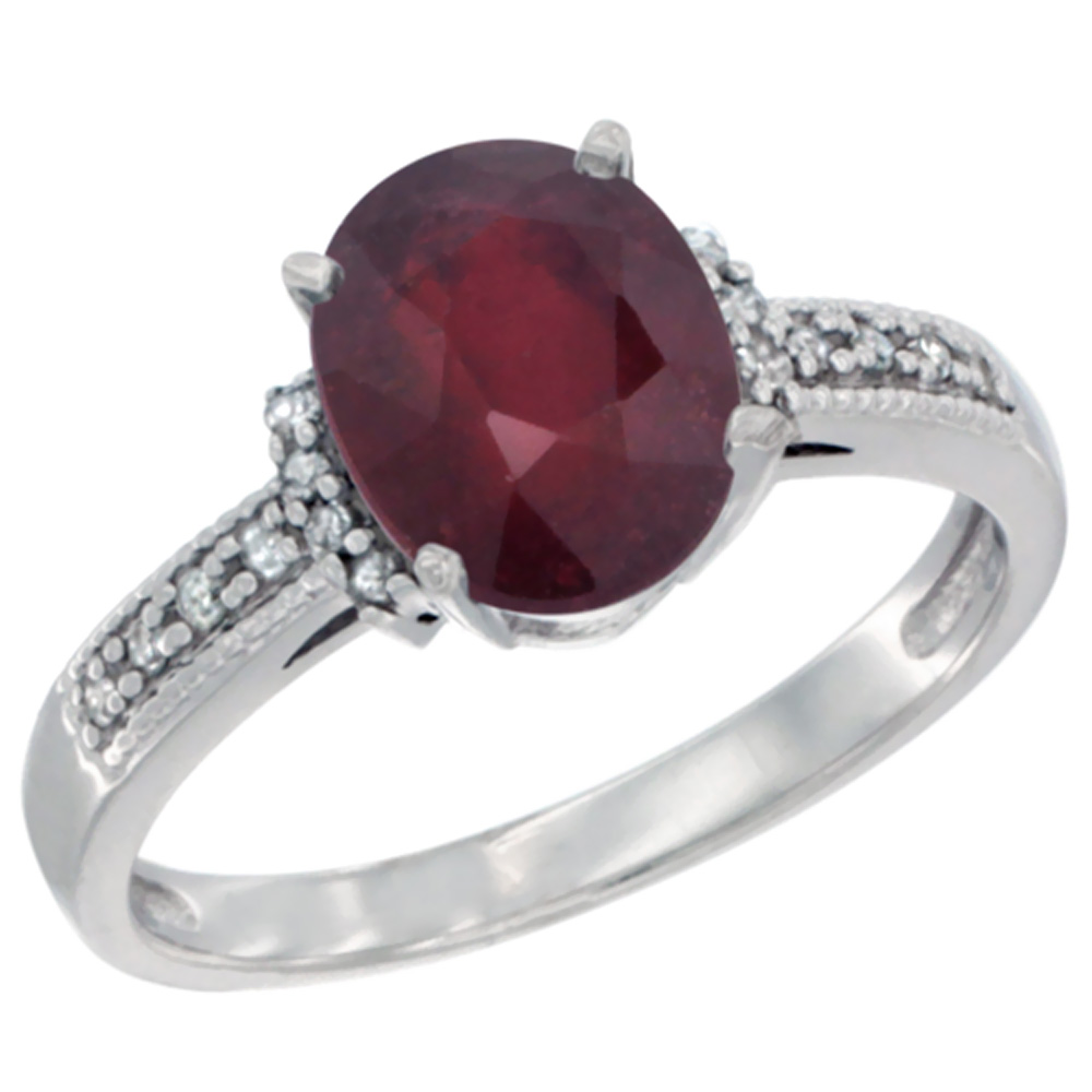 14K White Gold Enhanced Ruby Ring Oval 9x7 mm Diamond Accent, sizes 5 - 10