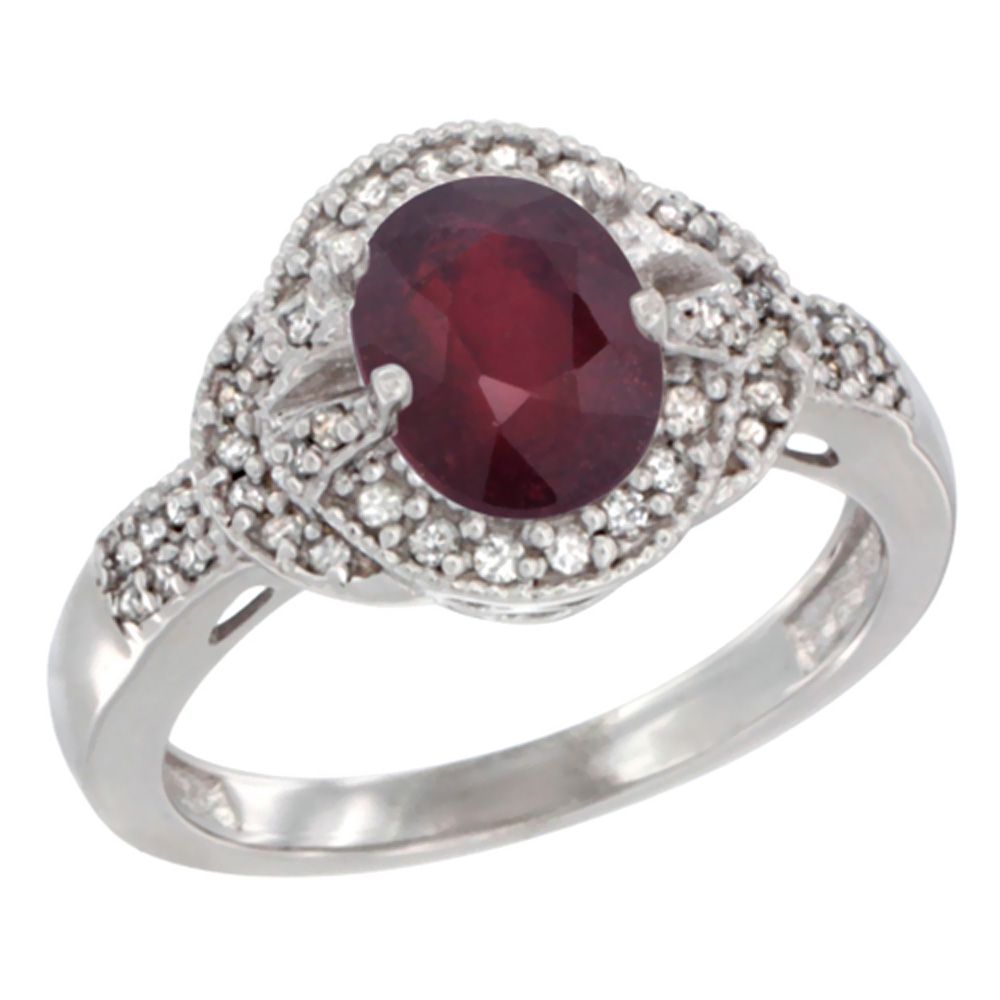 10K White Gold Enhanced Ruby Ring Oval 8x6 mm Diamond Accent, sizes 5 - 10