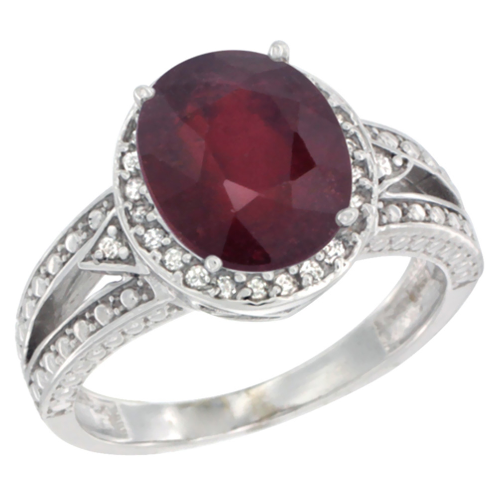 14K White Gold Natural High Quality Ruby Ring Oval 9x7 mm Diamond Halo, sizes 5 - 10