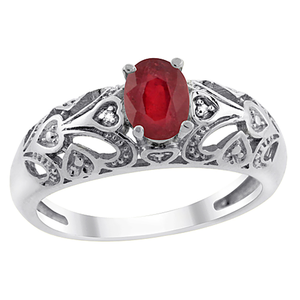 14K White Gold Enhanced Ruby Ring Oval 6x4 mm Diamond Accent, sizes 5 - 10