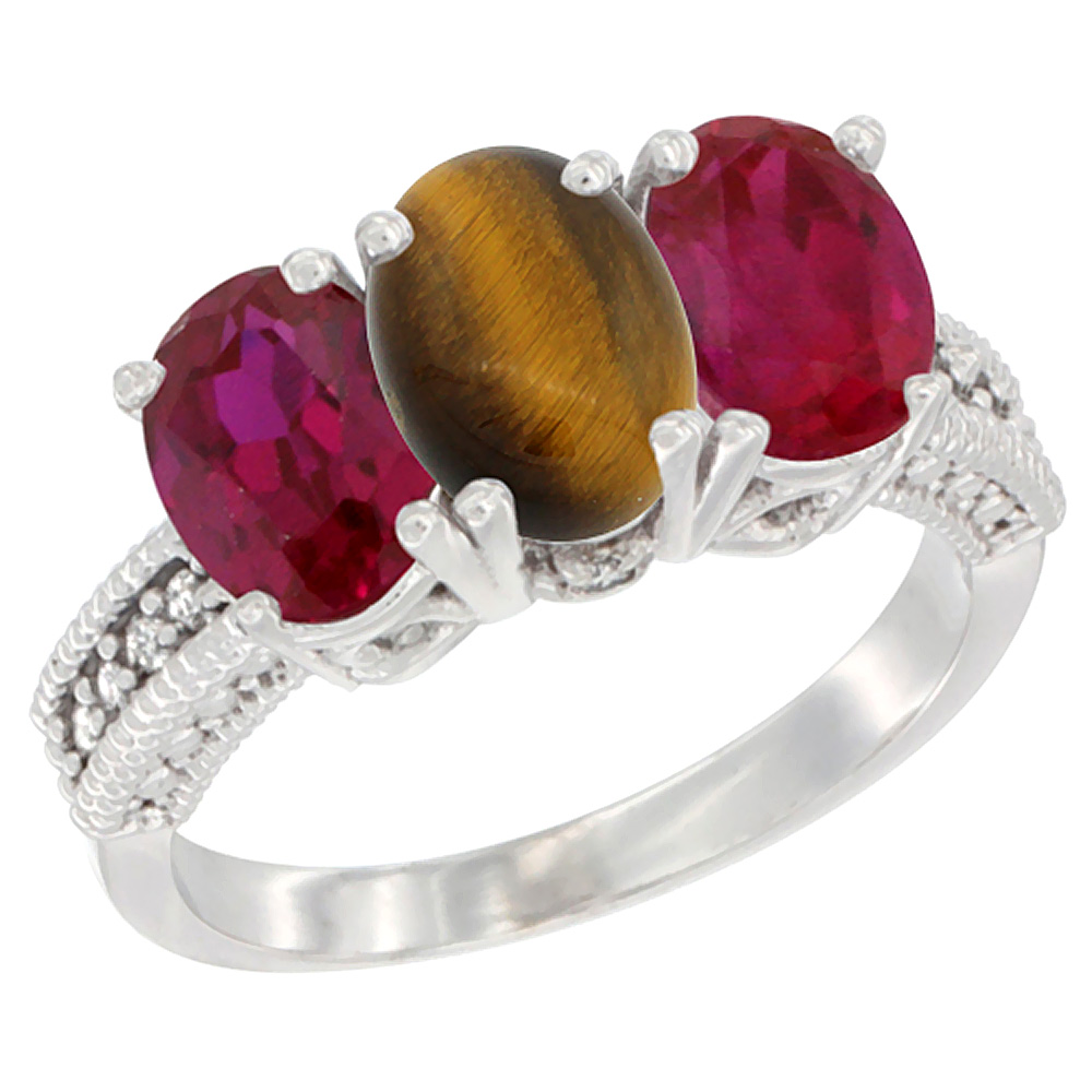 14K White Gold Natural Tiger Eye & Enhanced Ruby Sides Ring 3-Stone 7x5 mm Oval Diamond Accent, sizes 5 - 10