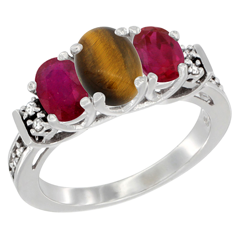 14K White Gold Natural Tiger Eye &amp; Enhanced Ruby Ring 3-Stone Oval Diamond Accent, sizes 5-10